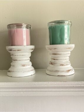 Rustic Farmhouse Nautical Coastal Pillar Candle Holders Wood White Set of 2